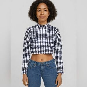 New Houndstooth Long Sleeve Crop Top - Black and White
